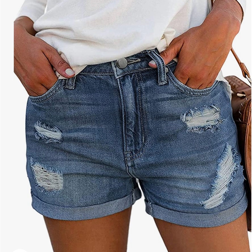 Women's Ripped Denim Shorts Mid Rise Distressed Jean Shorts Stretchy Short Jeans